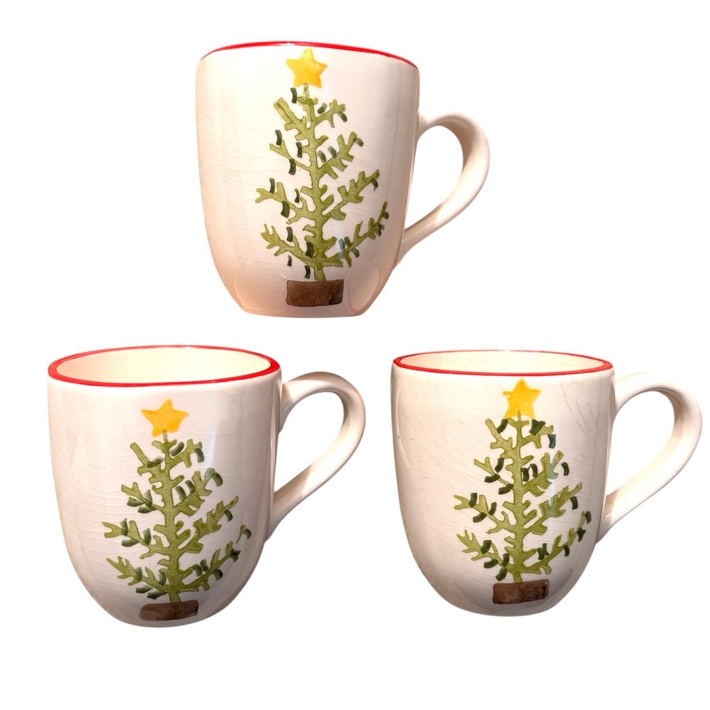 Sundance Living rounded Christmas tree mug with red rim set of 3
